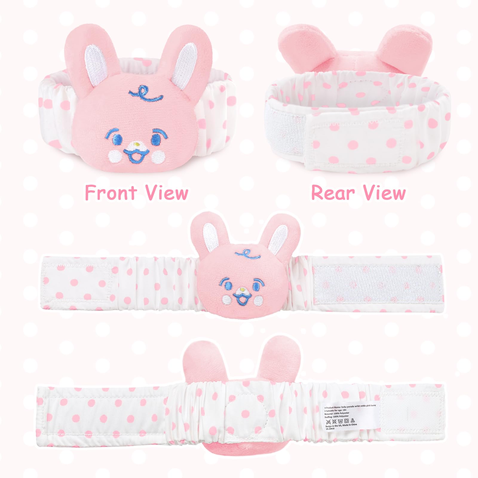 LittleForBig Adult Wrist Rattle Soft Adjustable Bracelet with Bell for Adult - Baby Parade Pattern Pink Bunny - Image 4