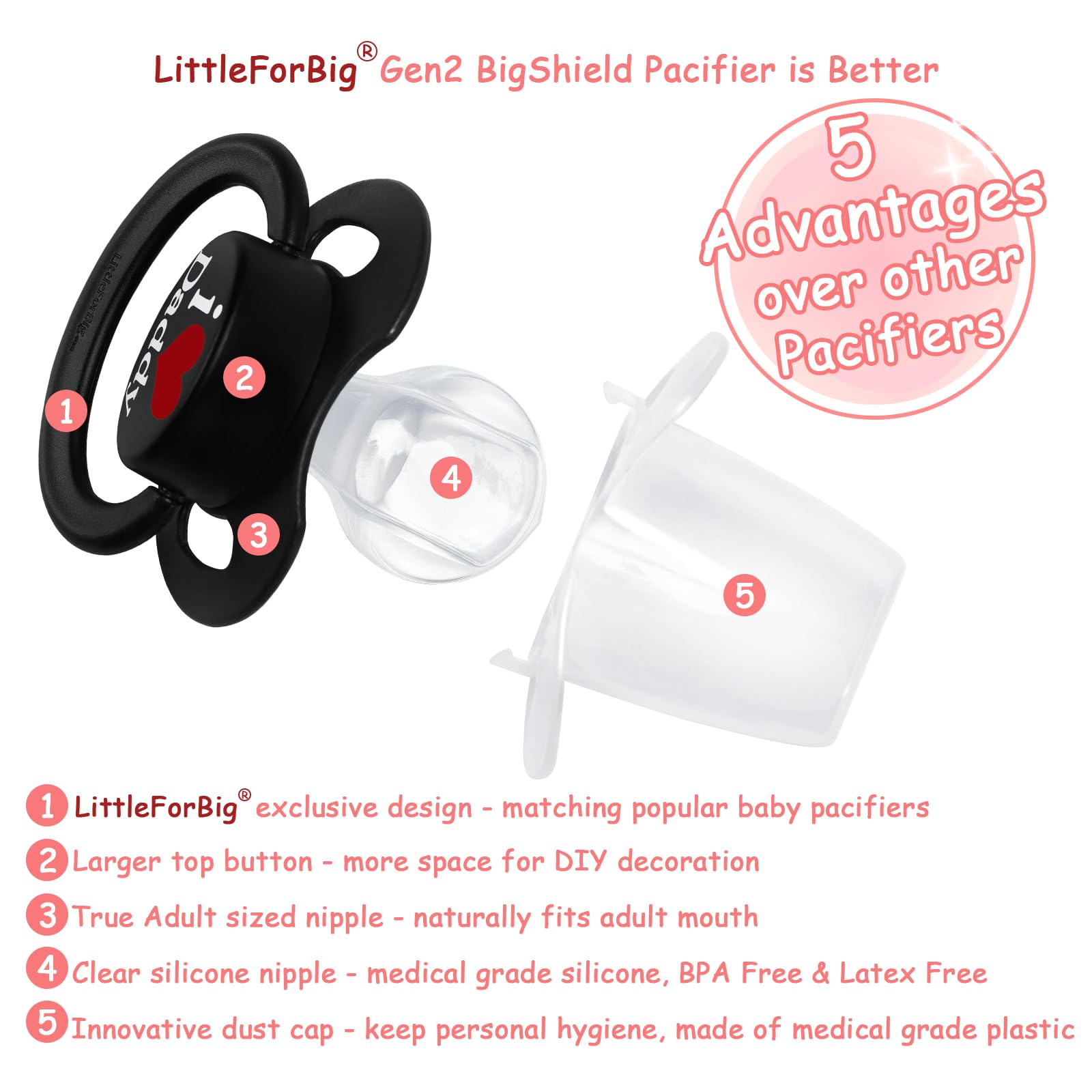 LittleForBig Bigshield Gen-II Adult Sized Printed Pacifier I Love Daddy Pattern Black - Image 4