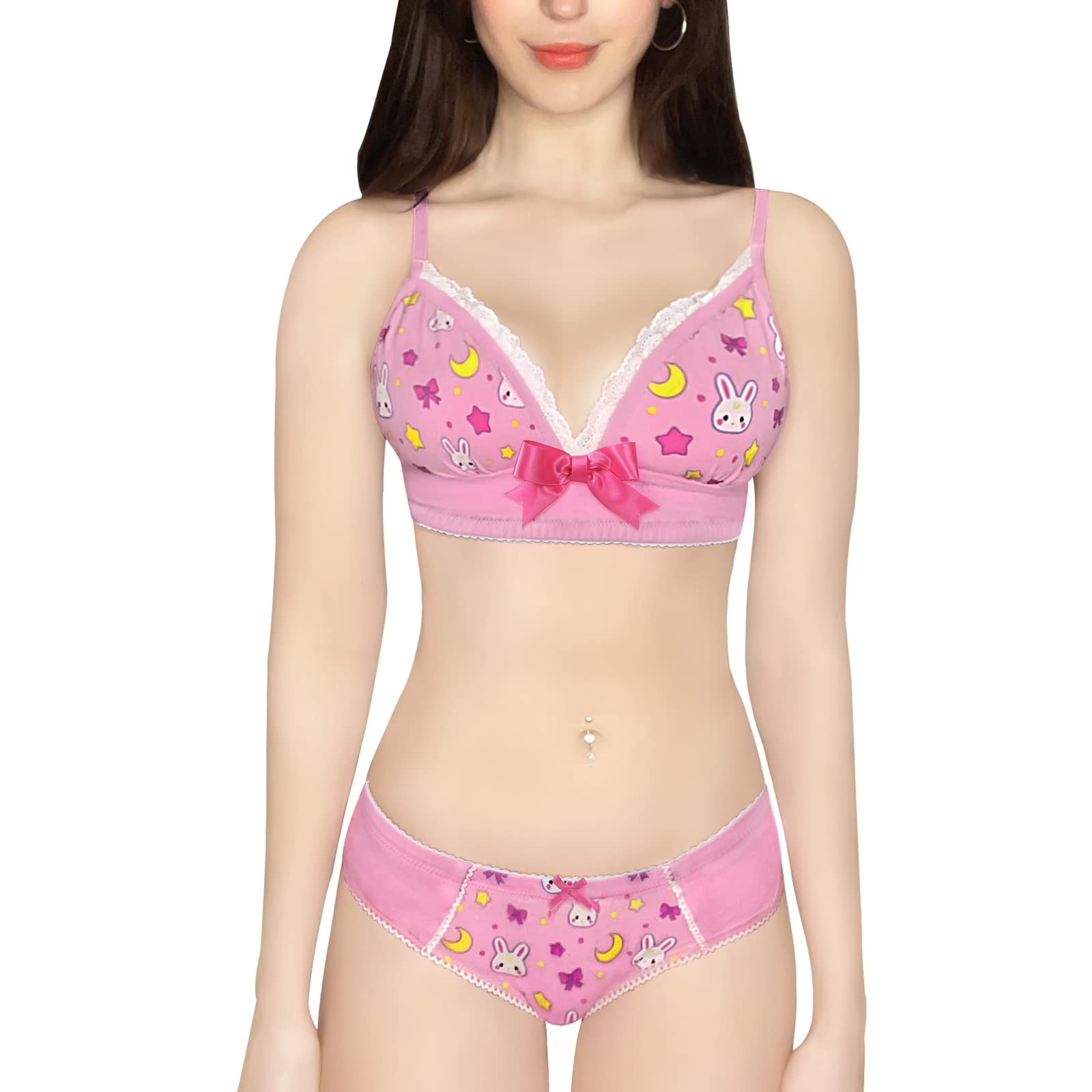 Littleforbig Lacy Trim Women Nightwear Strap Sleepwear Cami Top Shorts Lingerie loungewear - Usagi Moon Fancy Bralette Set - Image 3