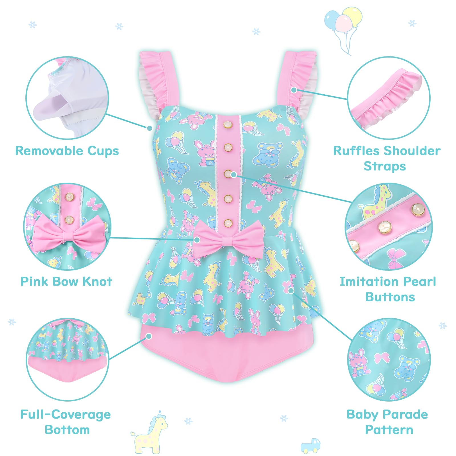 Littleforbig Modest Kawaii Camisole Ruffled Straps One Piece Swimwear Bathing Suit Swimsuit - Baby Parade Swimsuit - Image 3