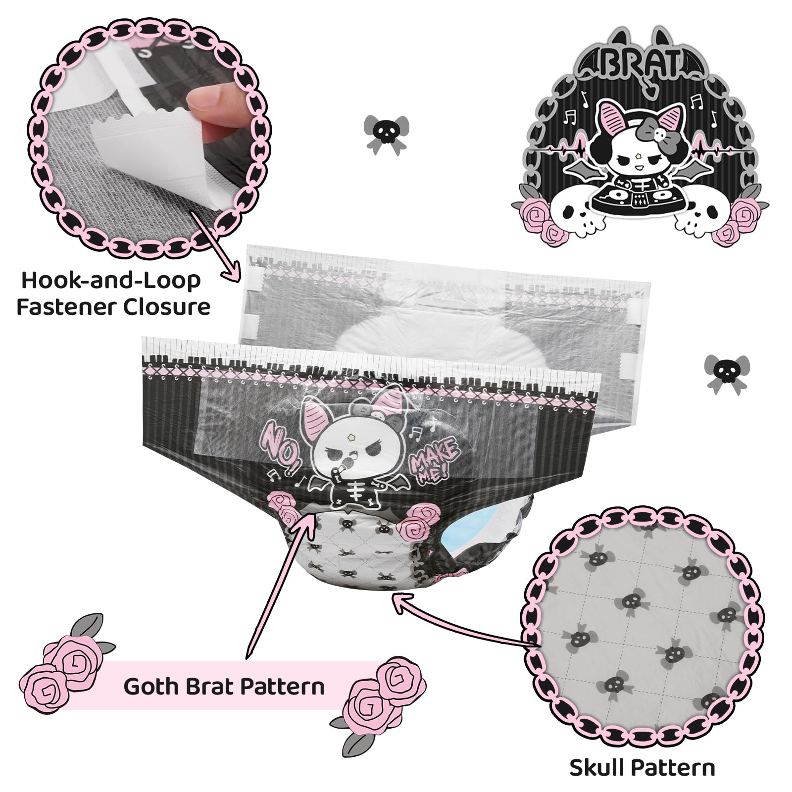 Littleforbig Ultra Absorbent 7000 mL Adult Printed Diaper 40 Pieces (4 Packs) - Goth Brat (Medium 28"-38") - Image 3