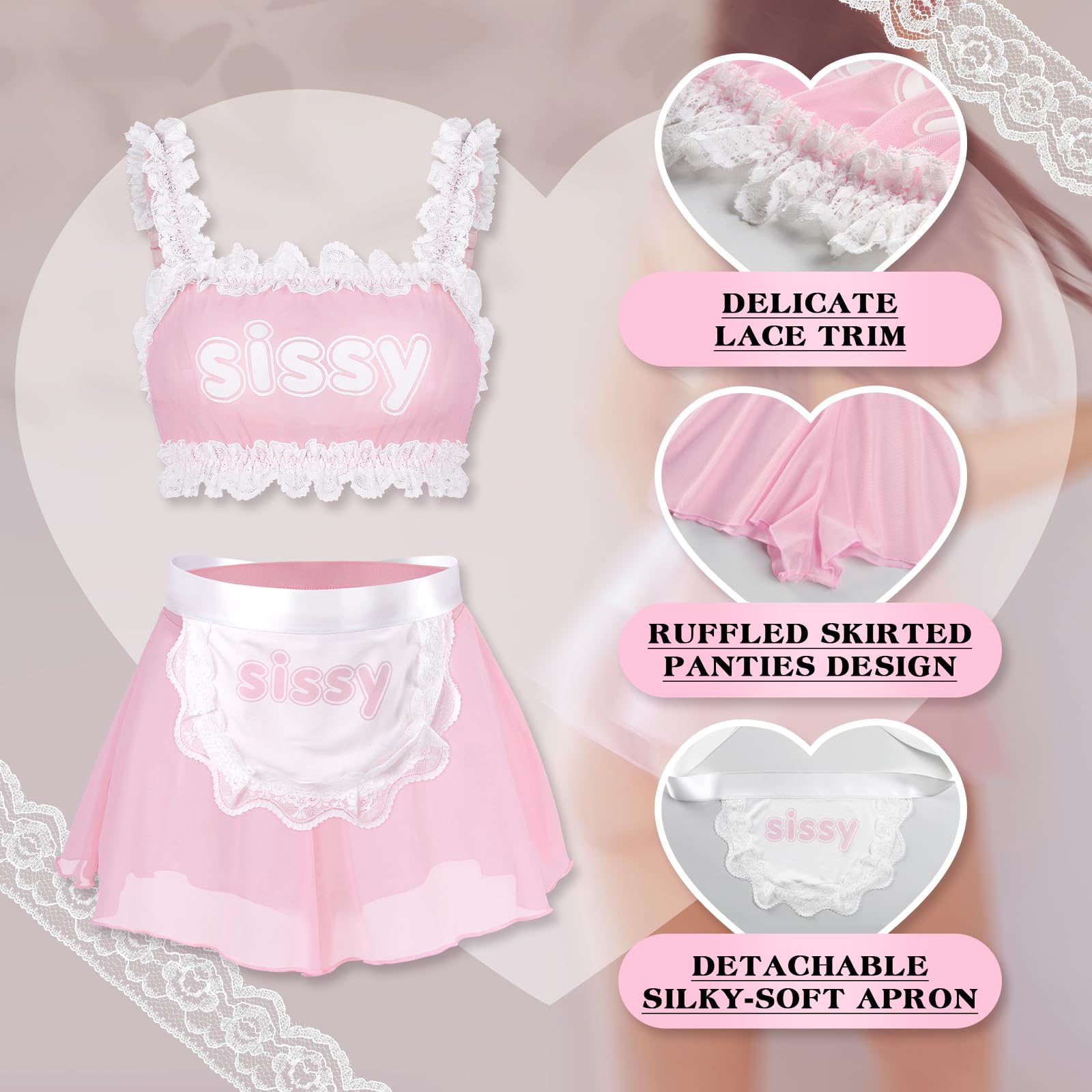 Littleforbig Unisex Adjustable Lacy Strap Mesh Lingerie Loungewear Sissy Maid See-through Bralette Skirted Panties Set - Image 4