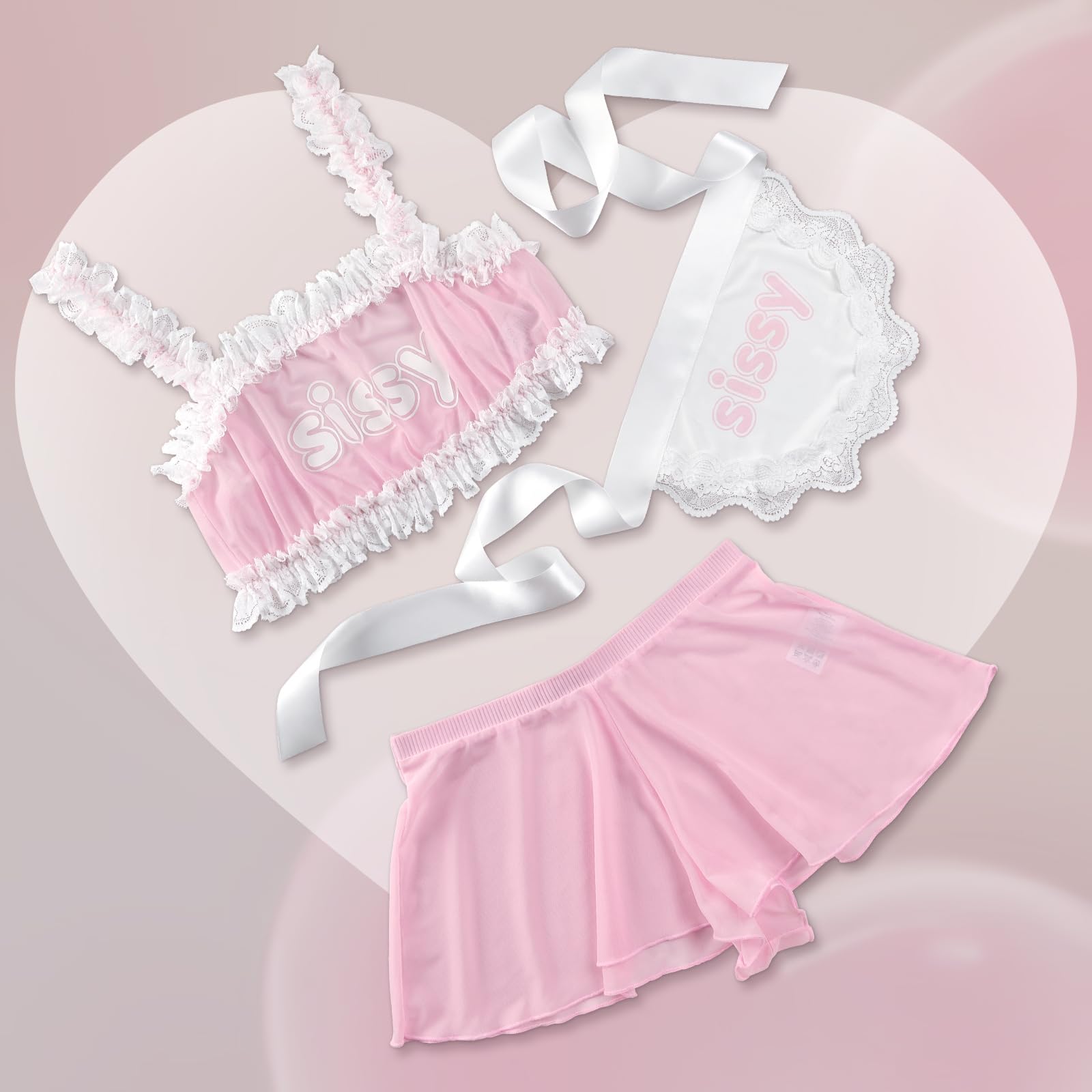 Littleforbig Unisex Adjustable Lacy Strap Mesh Lingerie Loungewear Sissy Maid See-through Bralette Skirted Panties Set - Image 5