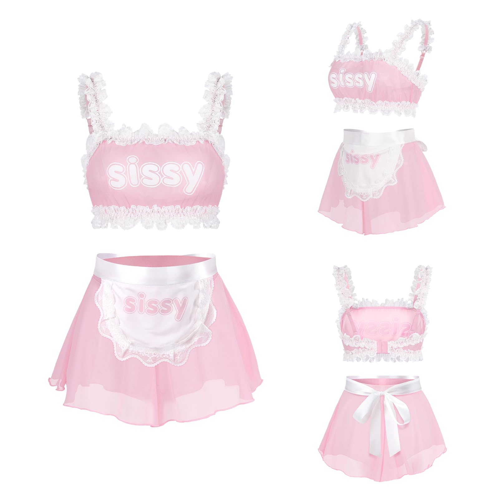 Littleforbig Unisex Adjustable Lacy Strap Mesh Lingerie Loungewear Sissy Maid See-through Bralette Skirted Panties Set - Image 6