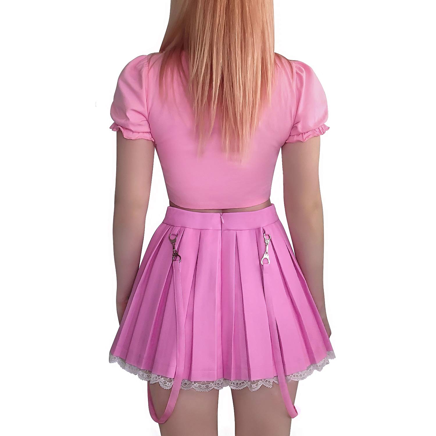 Littleforbig Women's A-Line Pleated Faux Leather Flared Casual Lace Trim Mini Skirts - Troublemaker - Image 4