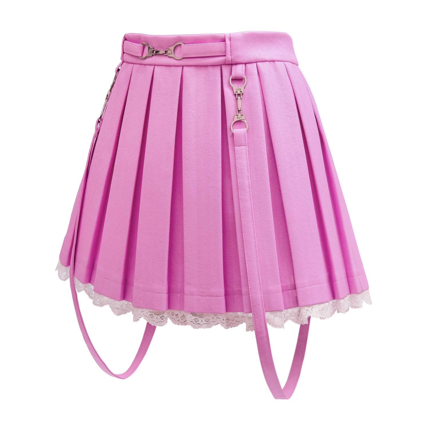 Littleforbig Women's A-Line Pleated Faux Leather Flared Casual Lace Trim Mini Skirts - Troublemaker - Image 5