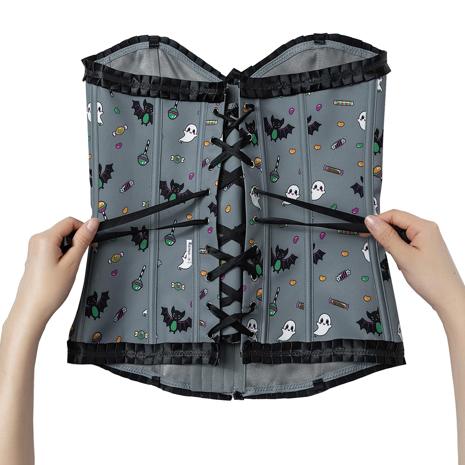Littleforbig Women's Lace Up Boned Overbust Corset Bustier Bodyshaper Top - Sugar Bat Pattern - Image 6