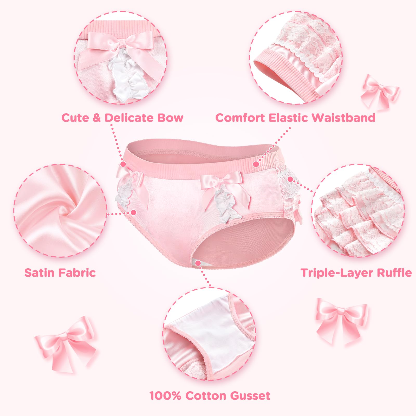 Littleforbig Women's Ladies Soft Underwear Comfortable Hipster Briefs Pretty Satin Over Ruffled Lace Bow Panties - Image 4