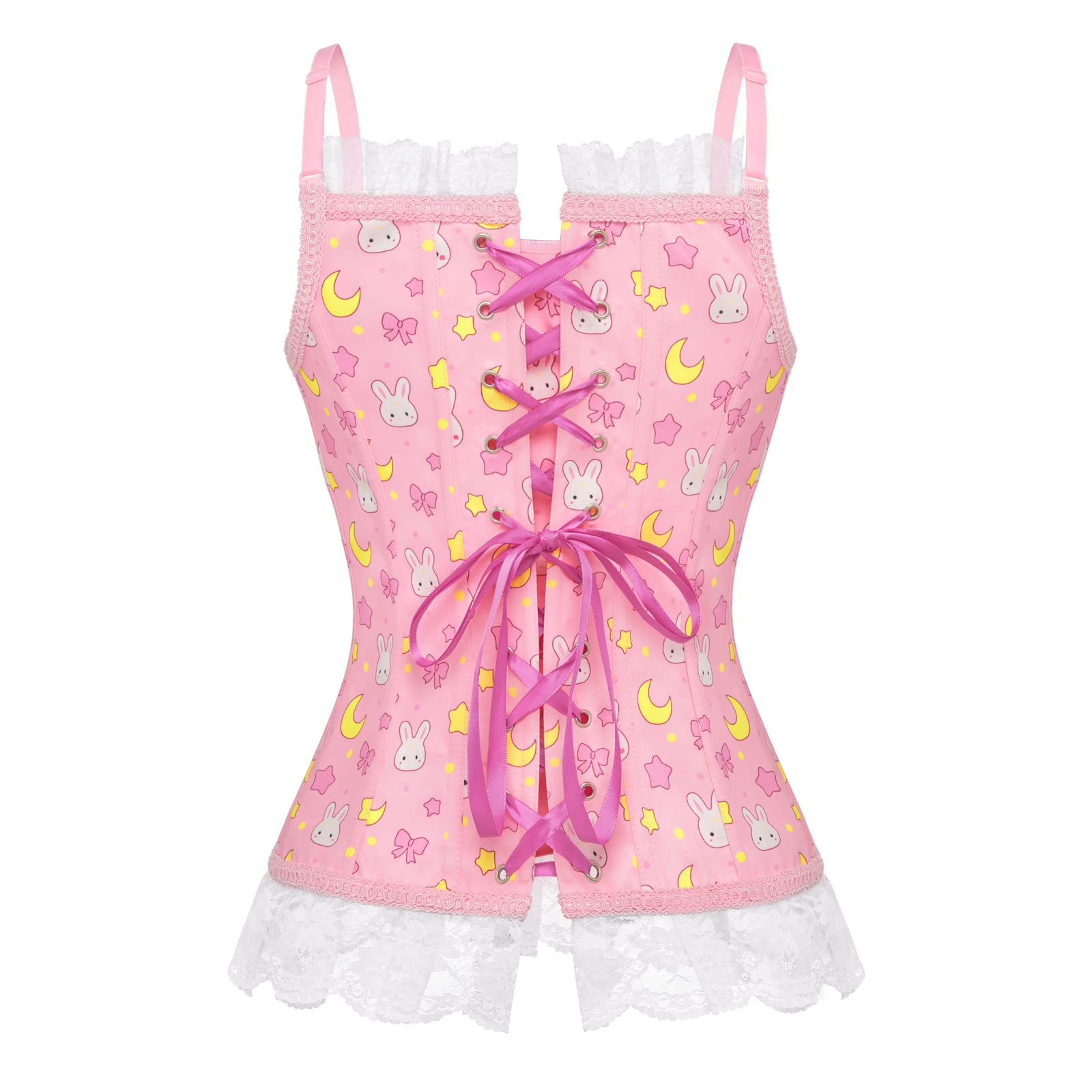 Littleforbig Women's Strap Lace Up Boned Overbust Corset Bustier Bodyshaper Top - Cottagecore Usagi Corset - Image 5